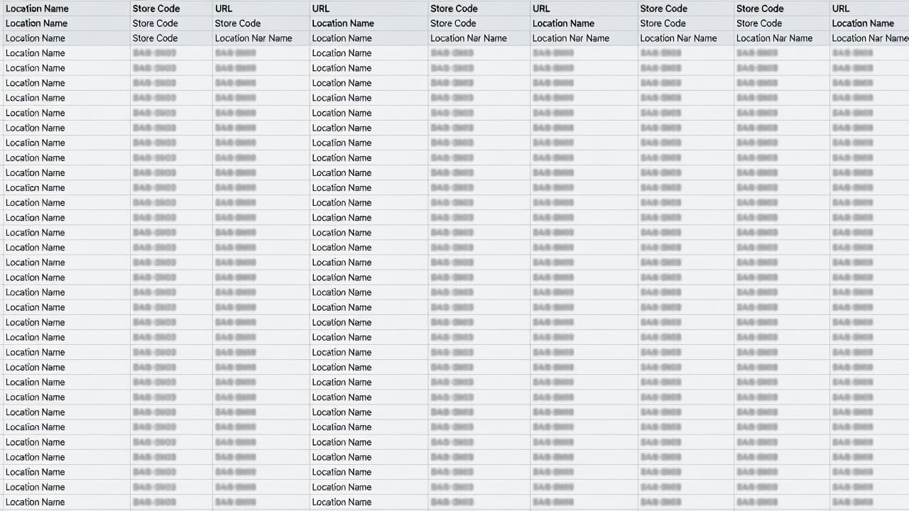 A clean spreadsheet interface displays rows of organized business location data and web tracking links. Gray and white grid cells provide a structured professional layout for tracking campaign performance across sites.