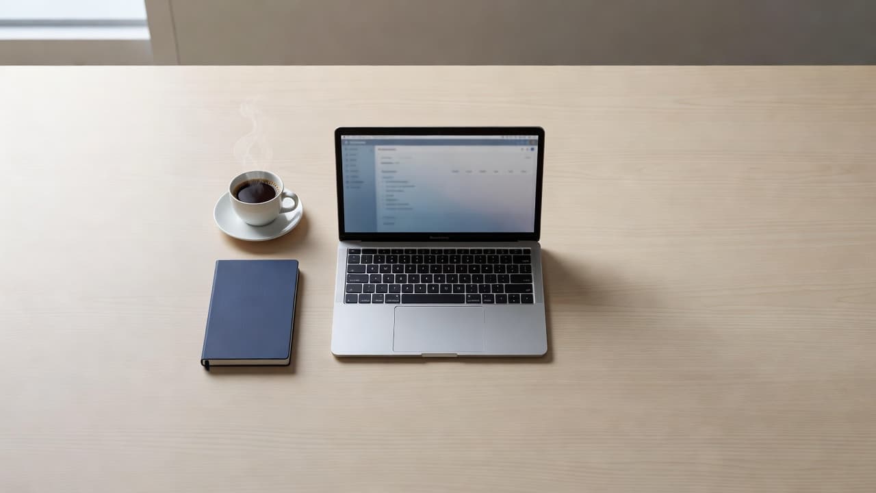 An organized office desk with a single laptop and coffee cup viewed from above.