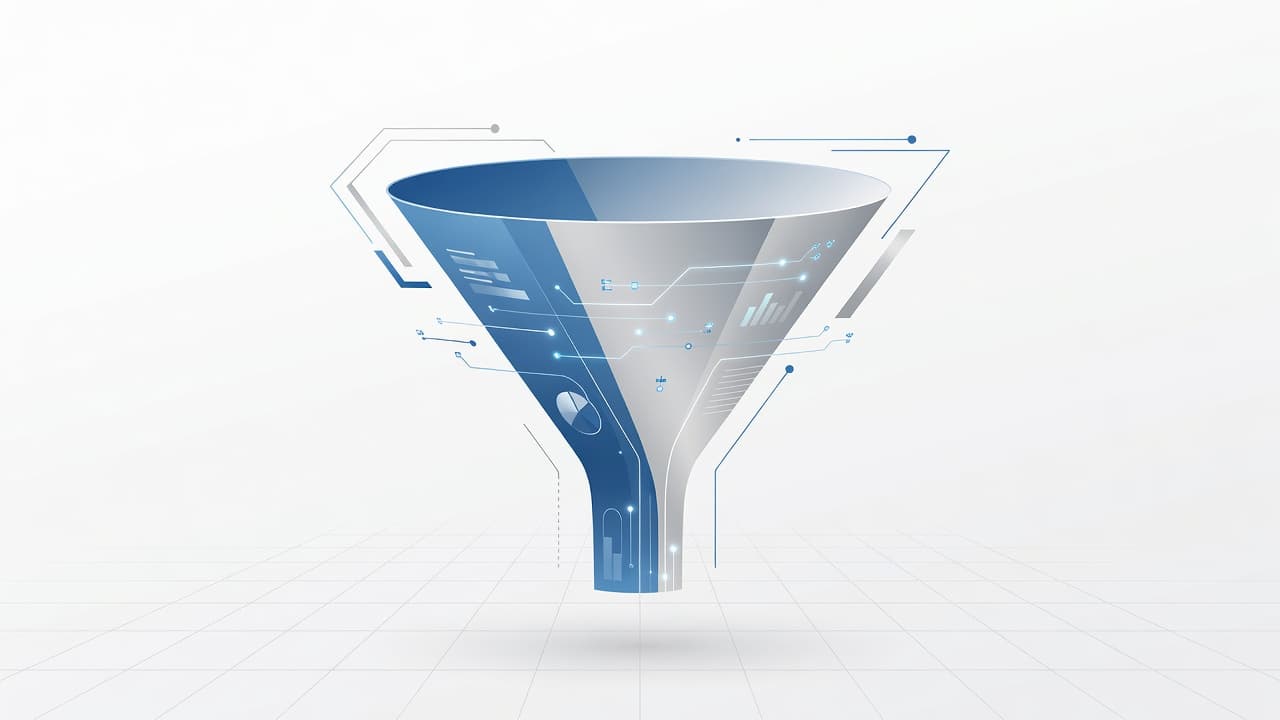 A sleek graphical funnel illustration flows from top to bottom, featuring bright digital data nodes and abstract circular indicators that represent the conversion process of anonymous web visitors into qualified leads.
