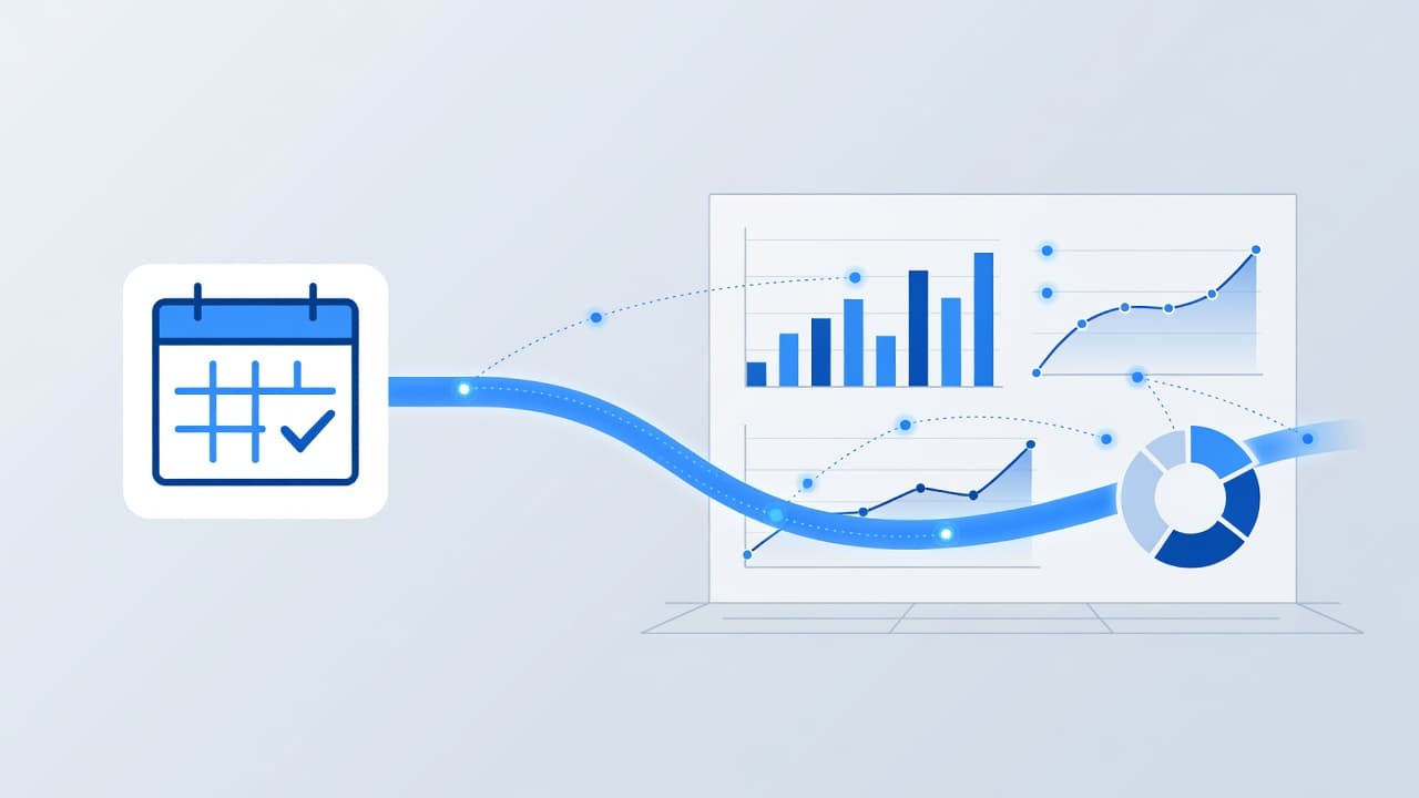 A clean blue and white graphic illustrates a digital flow connecting a calendar booking icon to a multifaceted analytics dashboard. Lines represent data nodes transferring metrics between the two interface elements.