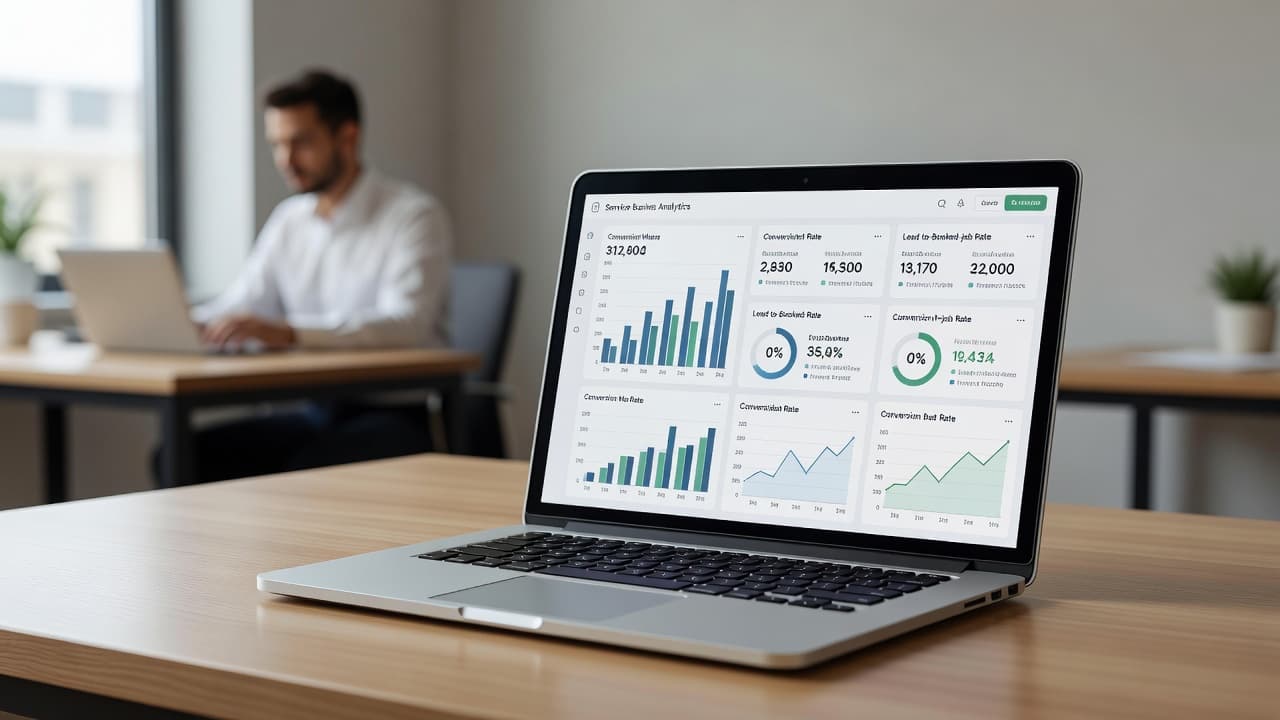 A laptop on a wooden desk shows a business analytics dashboard in a sunny office.