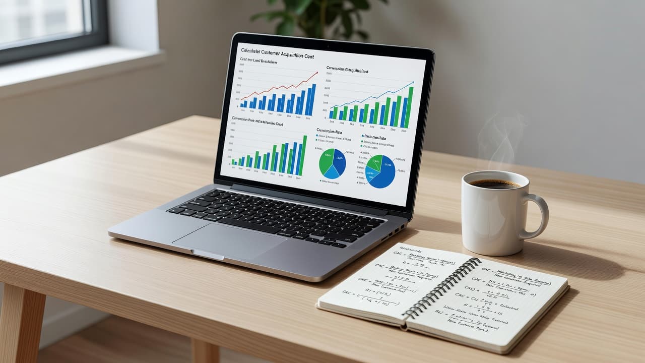A laptop showing financial charts, a calculation notebook, and coffee on a bright desk.