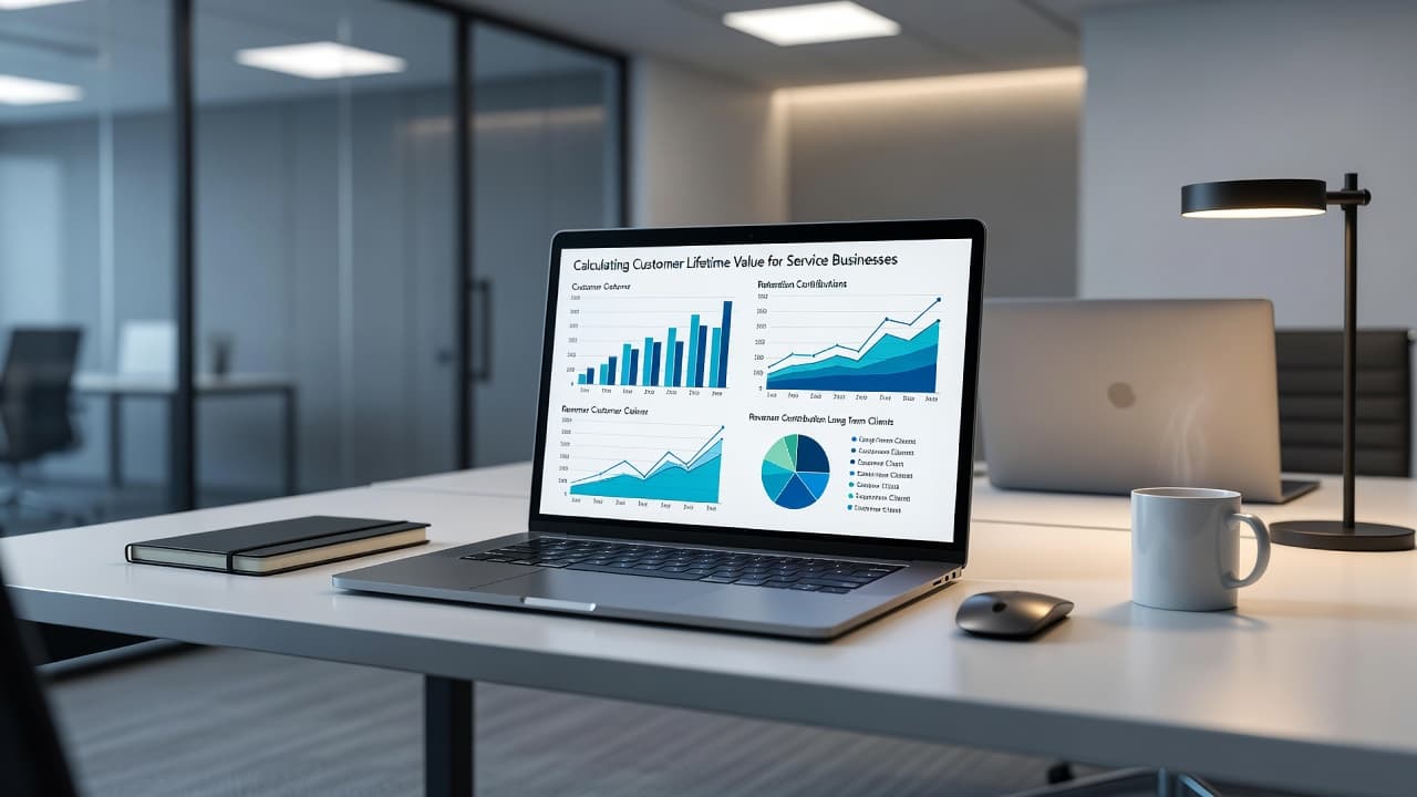 A laptop screen displaying financial charts and graphs on a modern desk.