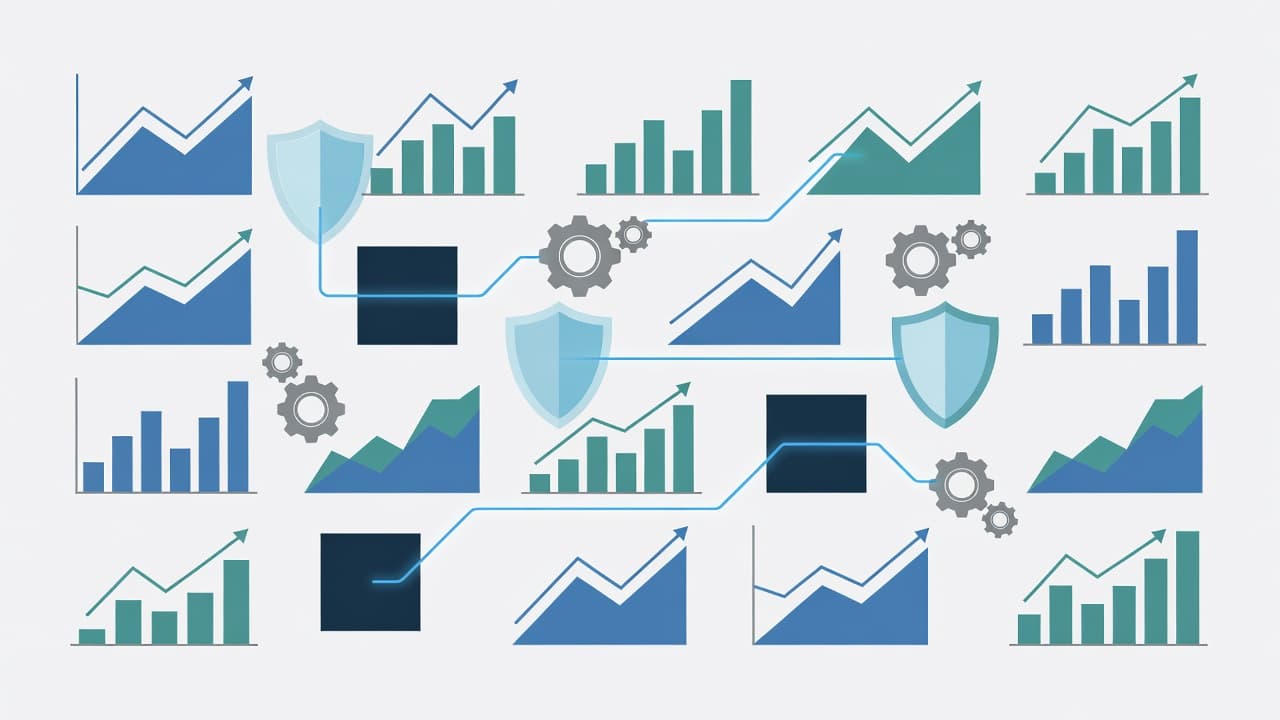 Minimalist digital charts and circular security icons float over a clean surface, representing data flow analysis. The composition emphasizes privacy compliance through geometric shapes and balanced, professional blue-toned vector elements.