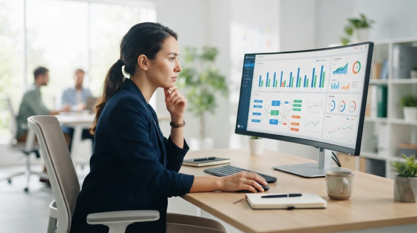 A professional analyzing website performance charts on a computer monitor.