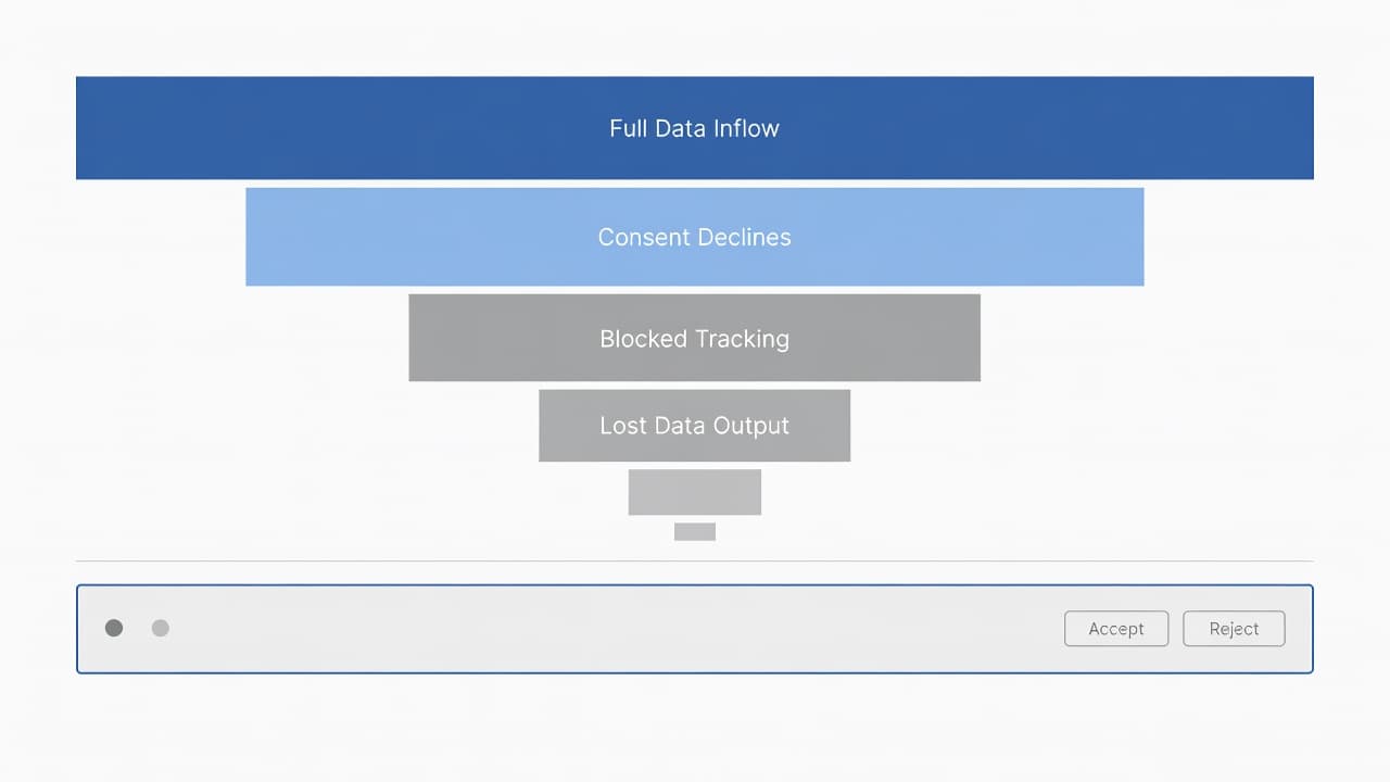 A clean digital interface displays a data loss funnel alongside a privacy consent banner using a professional blue and gray palette. Abstract vector elements visualize metrics within a modern analytical workspace.