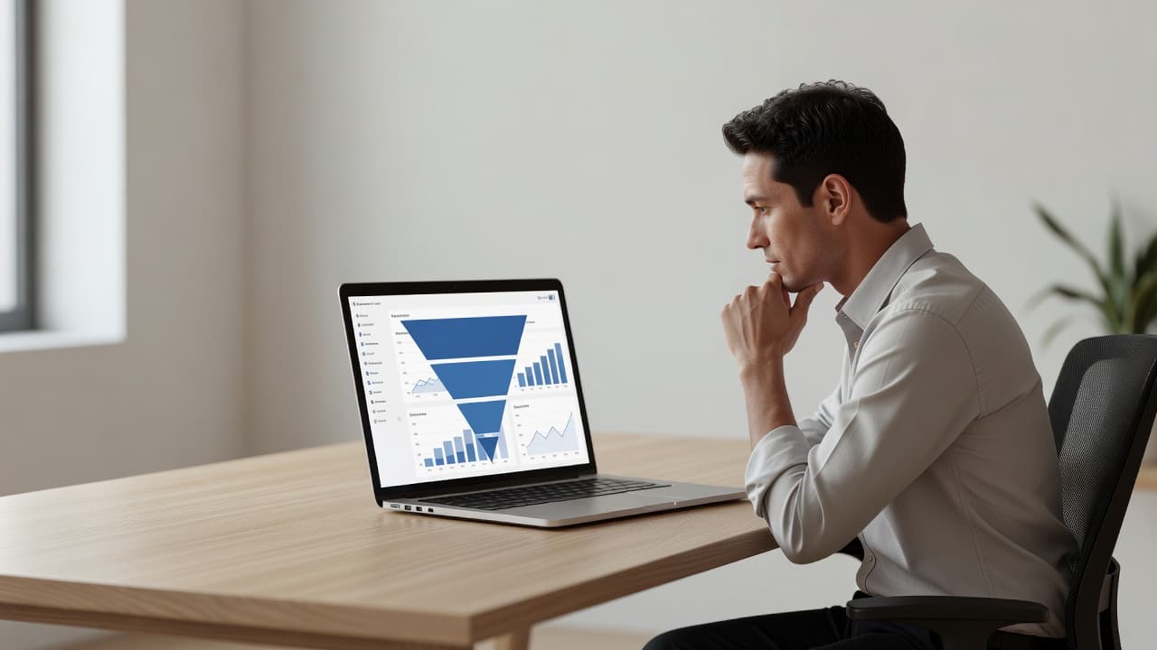 A professional desk features a modern laptop displaying a colorful sales funnel graph atop an analytics dashboard. Soft sunlight illuminates the workspace, highlighting the clean, focused environment for data tracking.