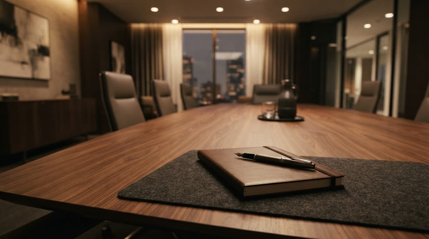 A clean executive meeting table with a single notebook and pen under soft lighting.