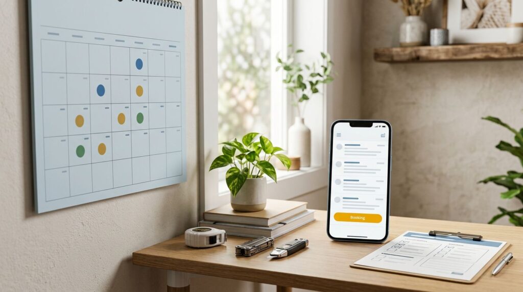 A desk with a marked calendar and a phone displaying an email booking interface.