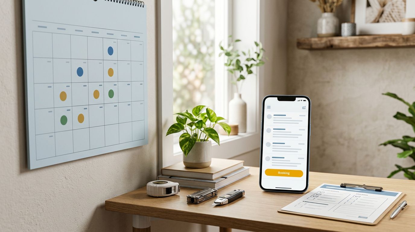 A desk with a marked calendar and a phone displaying an email booking interface.