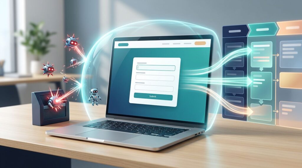 A laptop screen showing a protected web form deflecting automated bots while letting real leads pass through.