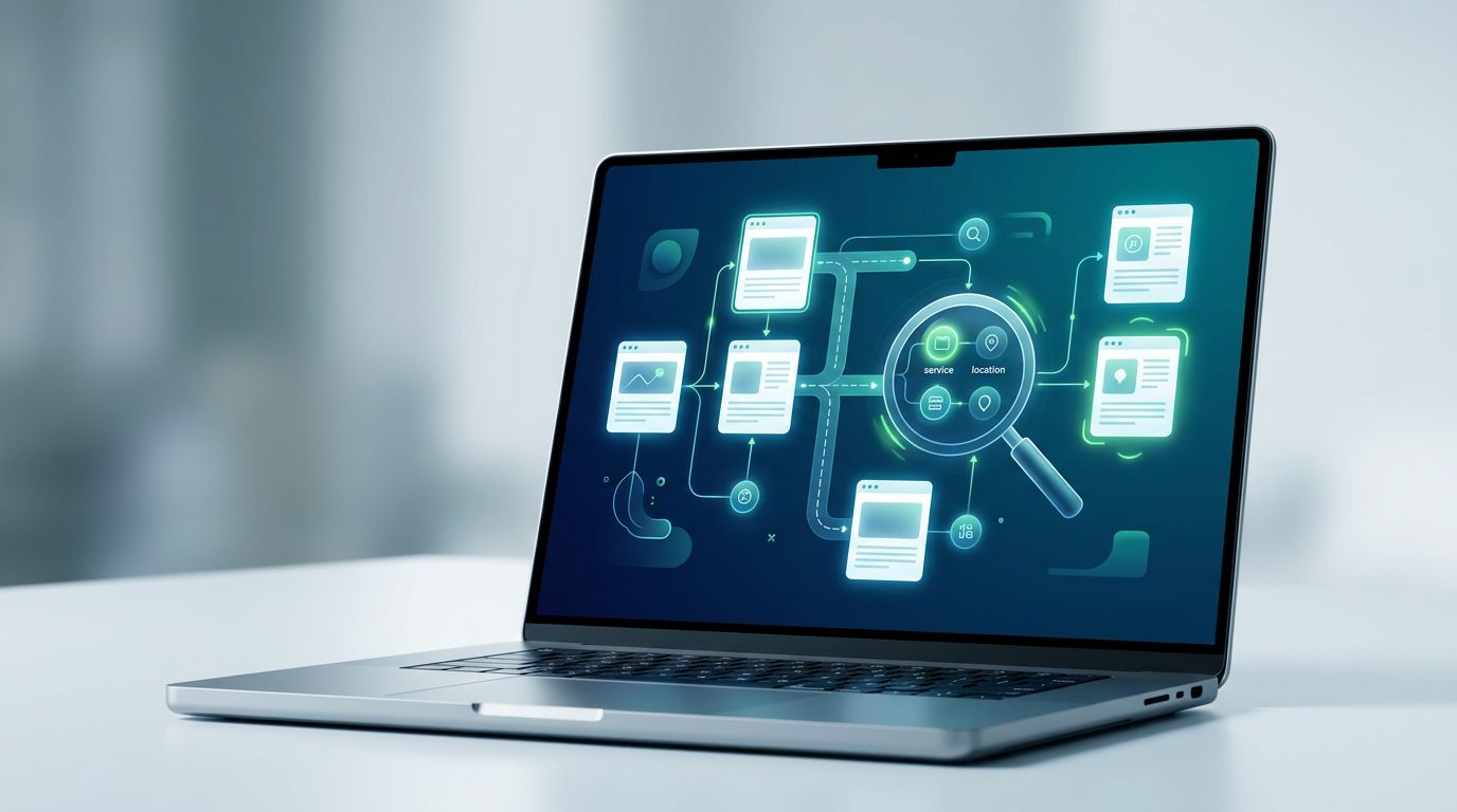 A laptop showing a glowing search indexing and analytics dashboard with green status indicators.