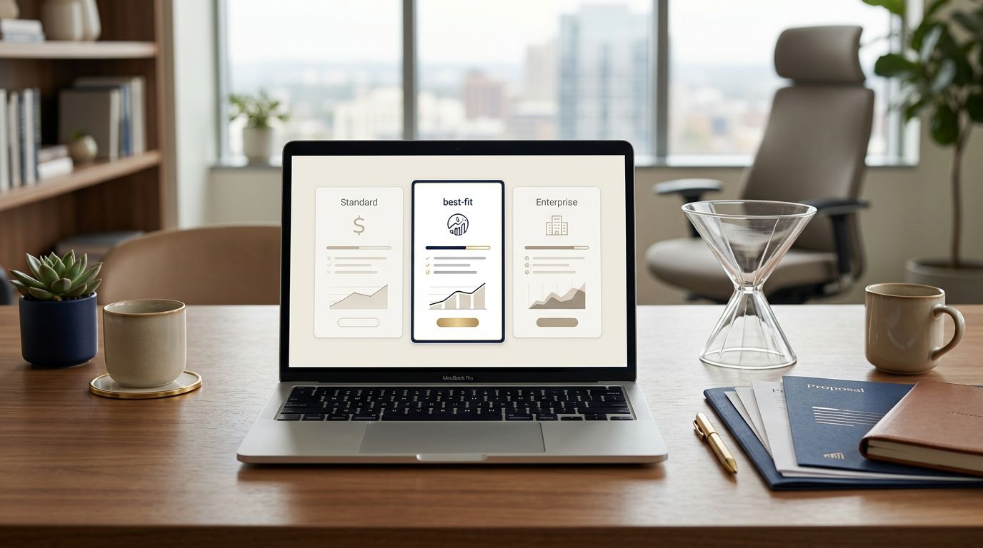 An open laptop showing pricing tiers next to a glass sculpture and proposal documents on a modern desk.