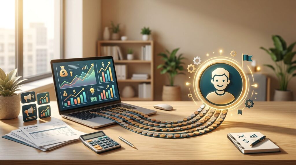 A desk with a calculator, laptop showing charts, invoices, and coins leading to a customer icon.