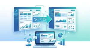 Blue and teal advertising dashboards connected by data lines and an import arrow.