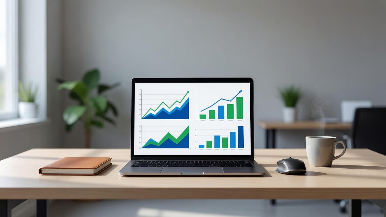 A sleek silver laptop rests on a minimalist wooden desk, displaying glowing abstract charts and growth metrics. Soft natural light illuminates the clean workspace, highlighting a professional and focused environment.