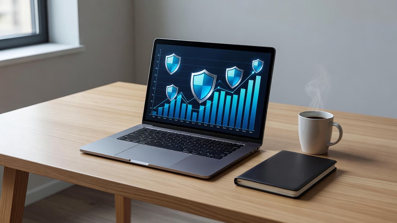 A laptop showing web security and traffic analytics on a clean desk.