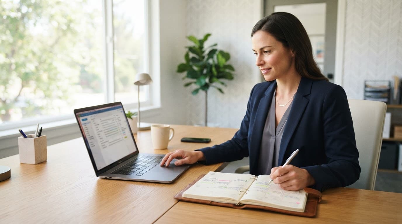 A professional working on a laptop at a neat wooden desk with a planner.