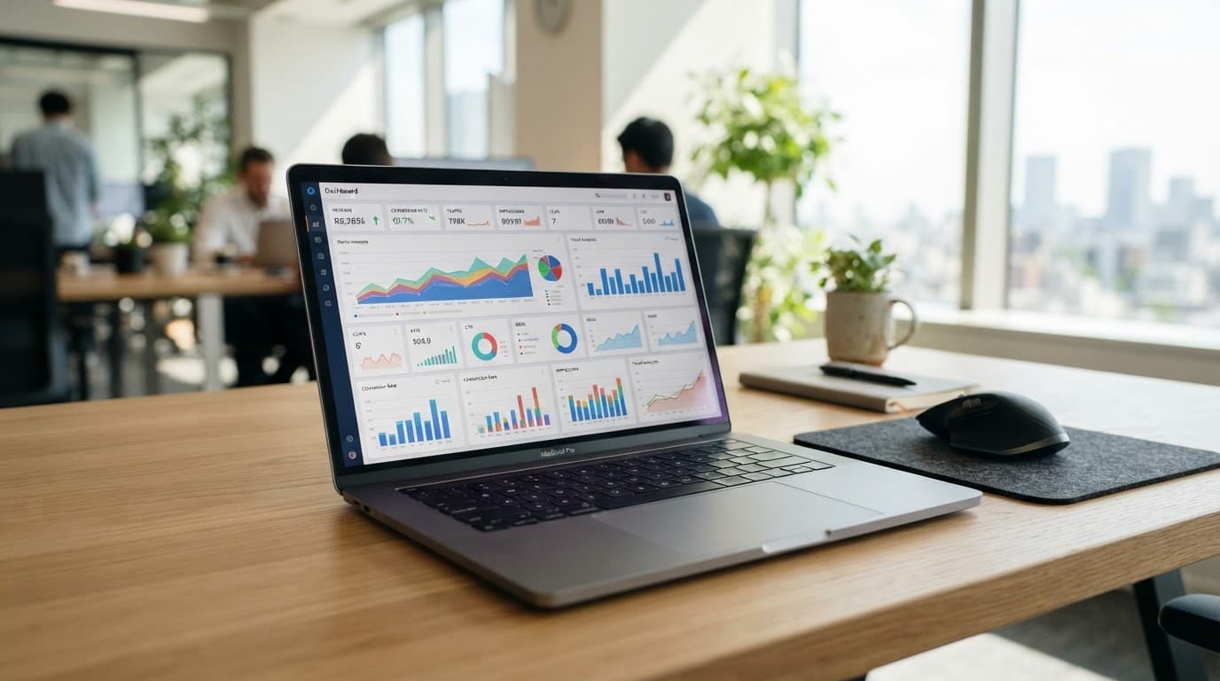 Laptop showing performance charts on a wooden desk in a bright office.