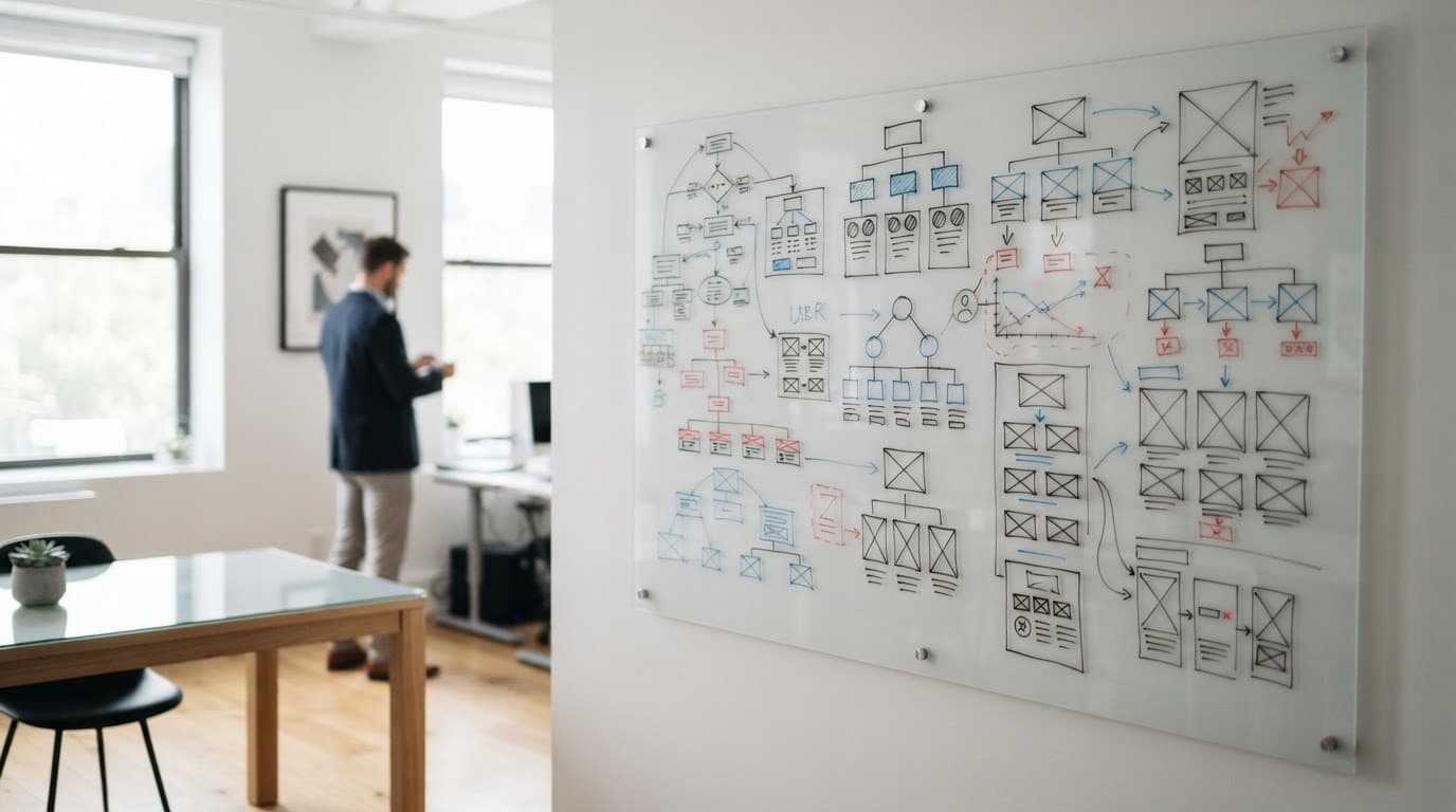 A whiteboard with pricing charts and wireframes in a modern minimalist office.