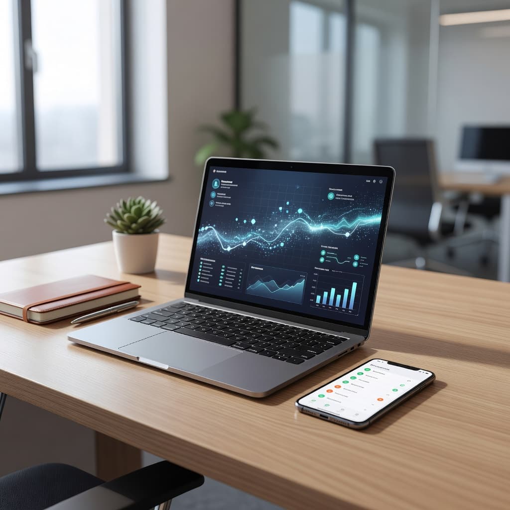 An organized office desk holding a laptop and smartphone under bright natural light.