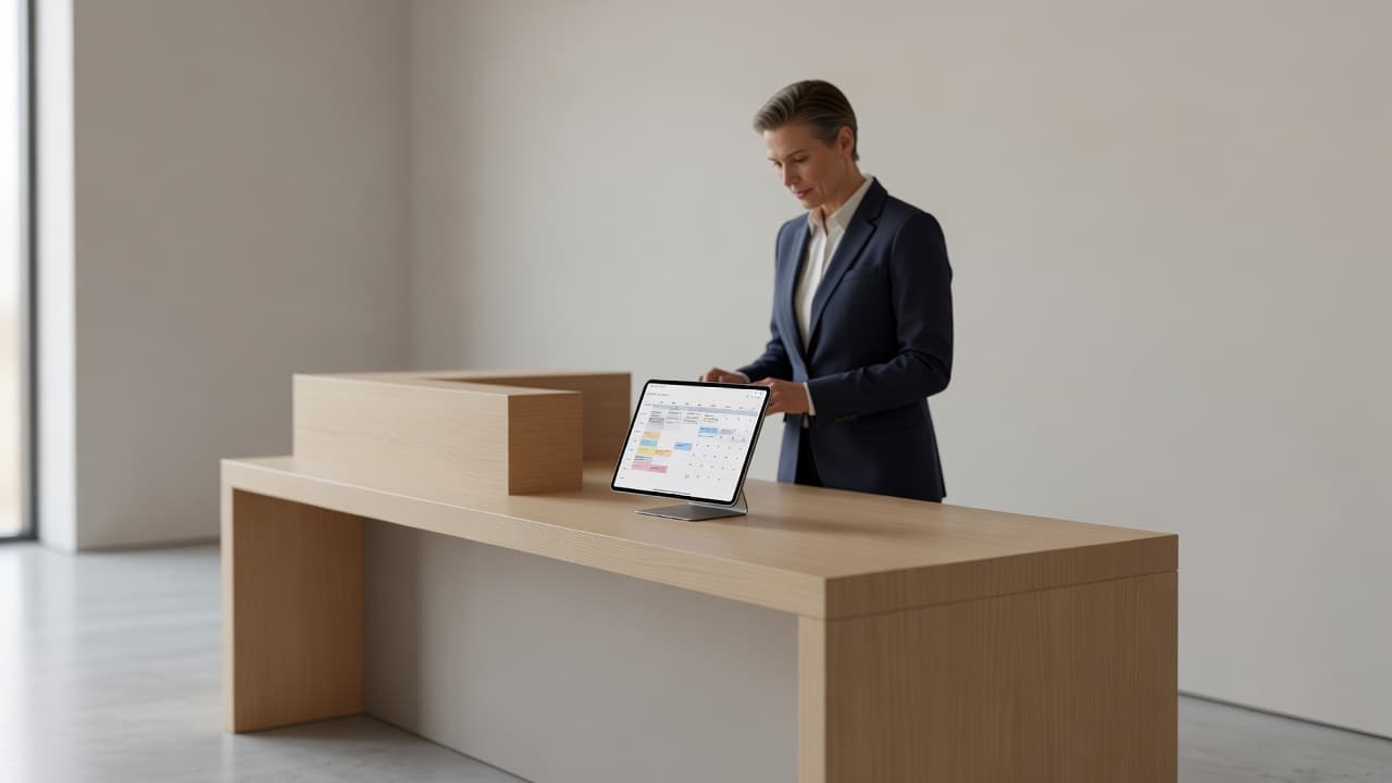 A tablet with a scheduling calendar sits on a modern reception desk in a bright office.