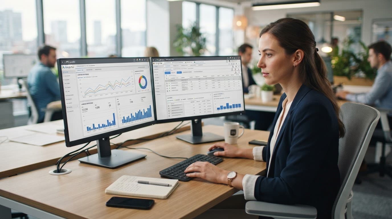 A PPC specialist works at a desk with two monitors showing advertising graphs.
