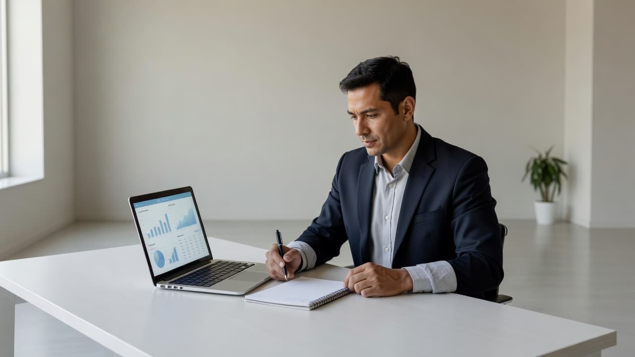 A person reviewing business data on a laptop while taking notes on a notepad in a bright office.