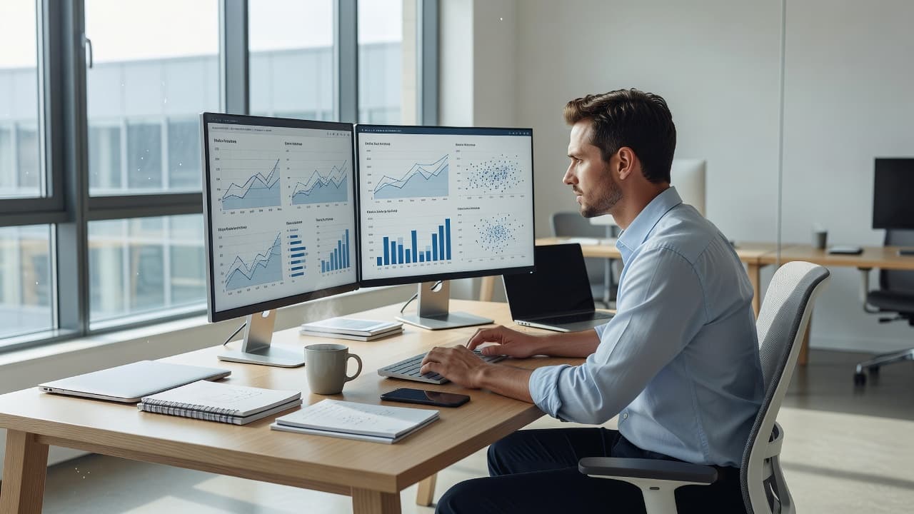 A focused individual examines detailed performance charts on a sleek computer monitor. The organized desk features a minimalist keyboard and metallic accessories bathed in soft, natural morning sunlight from nearby windows.