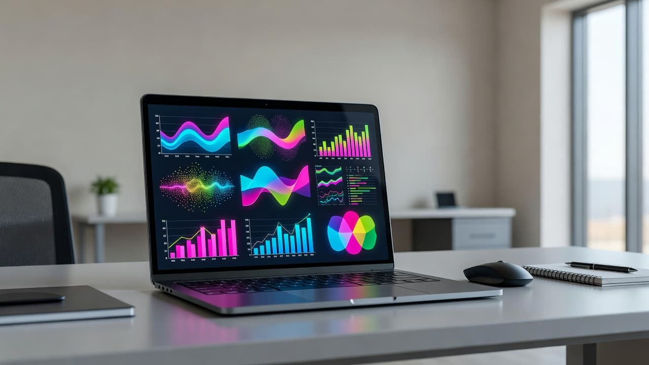 A sleek silver laptop sits open on a minimalist desk, showcasing vibrant, abstract data visualization charts on its screen. The brightly lit office space creates a professional atmosphere for strategic business planning.