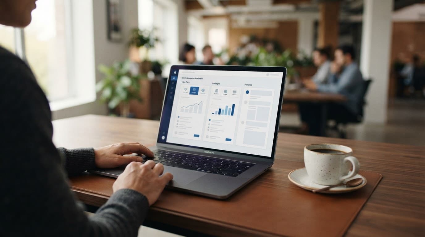 A sleek laptop and coffee cup on a wooden desk with a blurred office background.