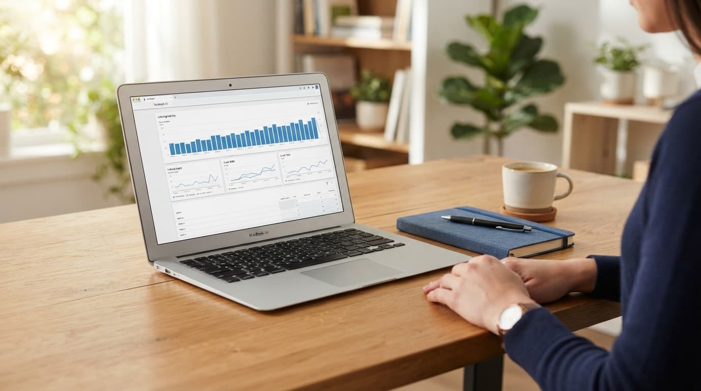A laptop showing performance charts sits on a wooden desk with a notebook and coffee.