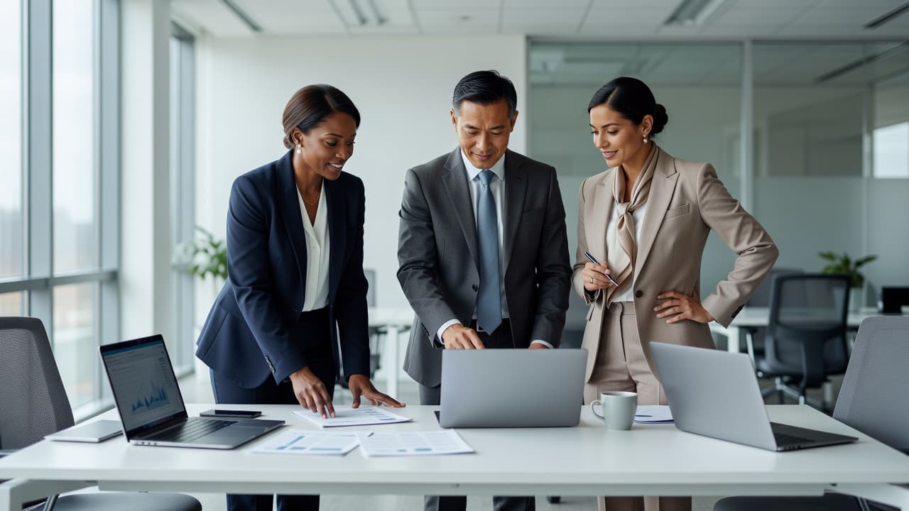 A professional team of three discussing strategy around an office desk with laptops.
