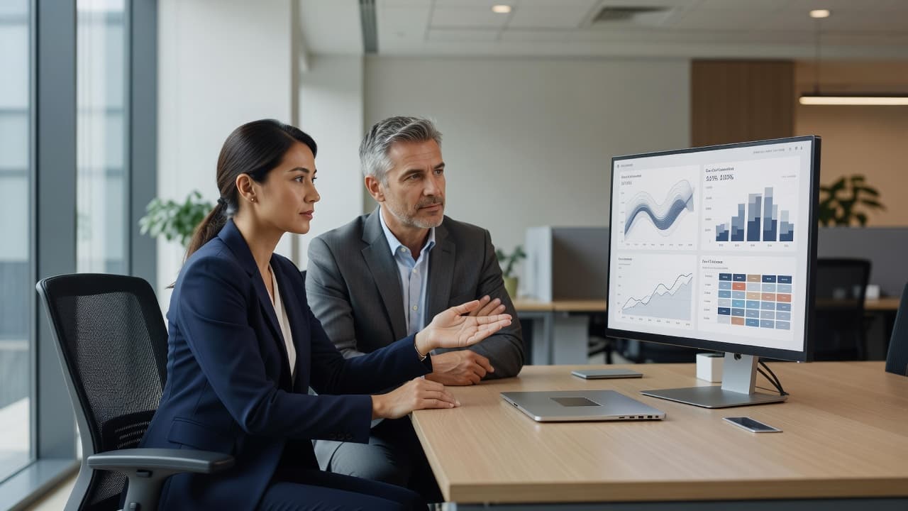 Two colleagues lean toward a glowing monitor displaying colorful bar charts and conversion metrics. A slim laptop sits on the mahogany desk surface, illuminated by soft natural light from nearby windows.