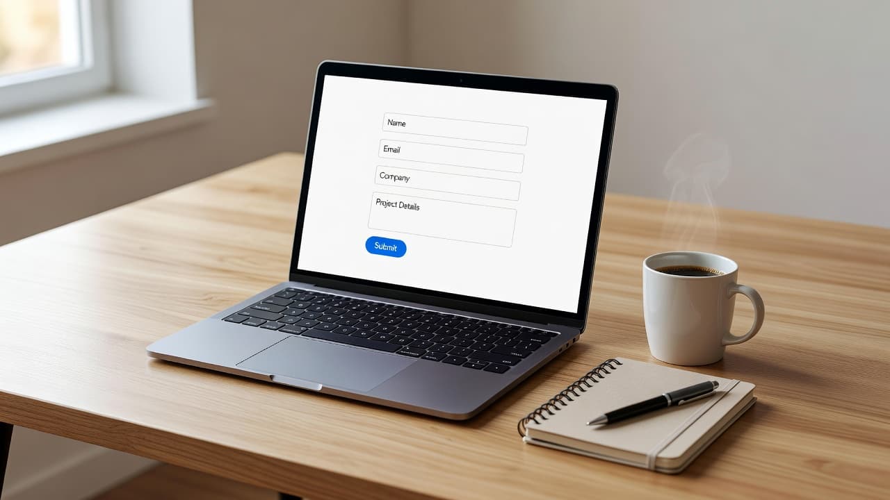 An open laptop with a web form on screen rests on a wooden desk next to coffee.