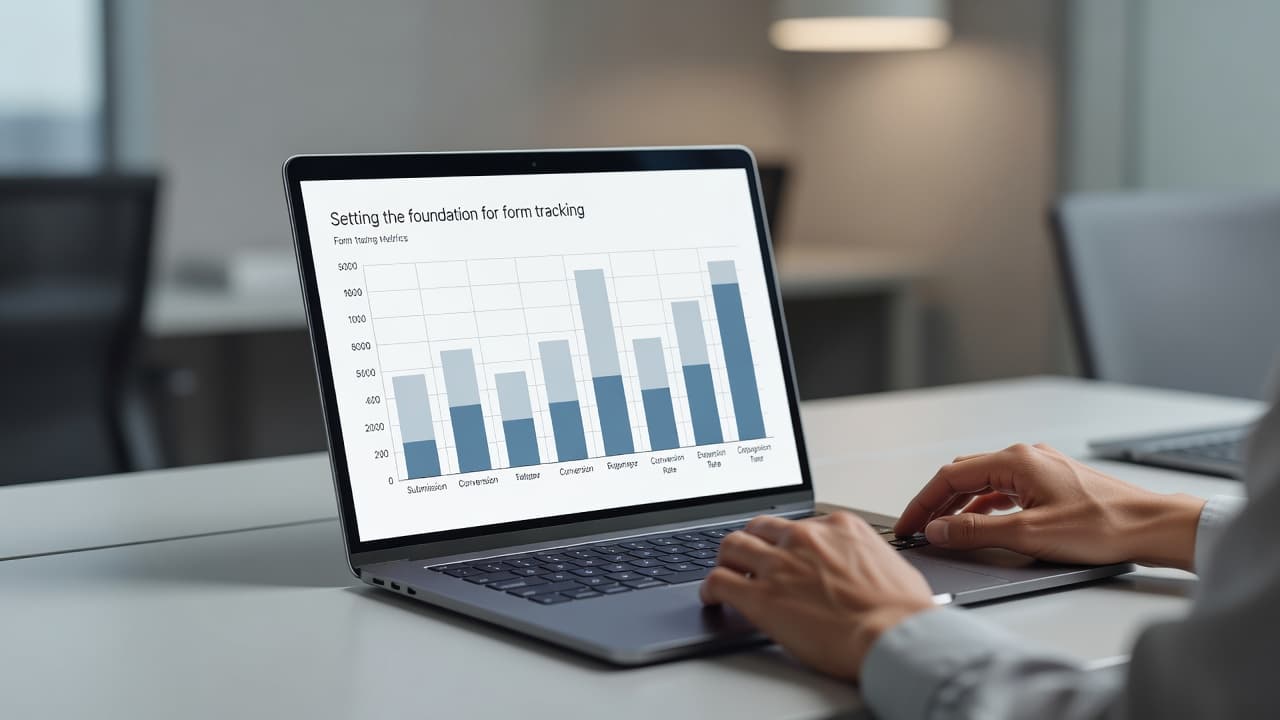 A pair of hands rests on a clean desk next to a laptop displaying a vibrant bar chart. Sunlight illuminates the workstation, highlighting the connection between digital forms and tracking tools.