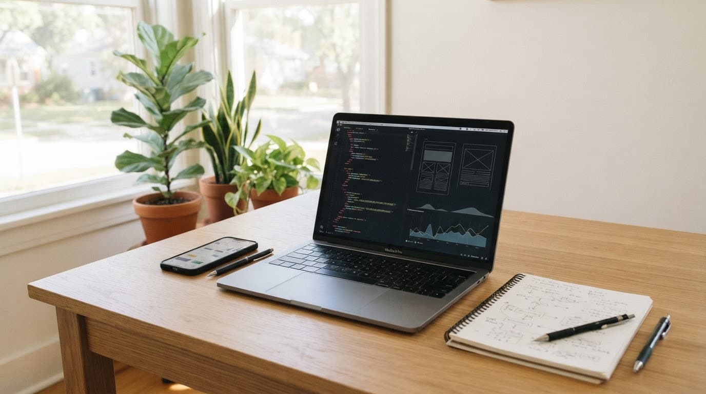 A clean wooden table with a laptop, smartphone, and notepad by a bright window.