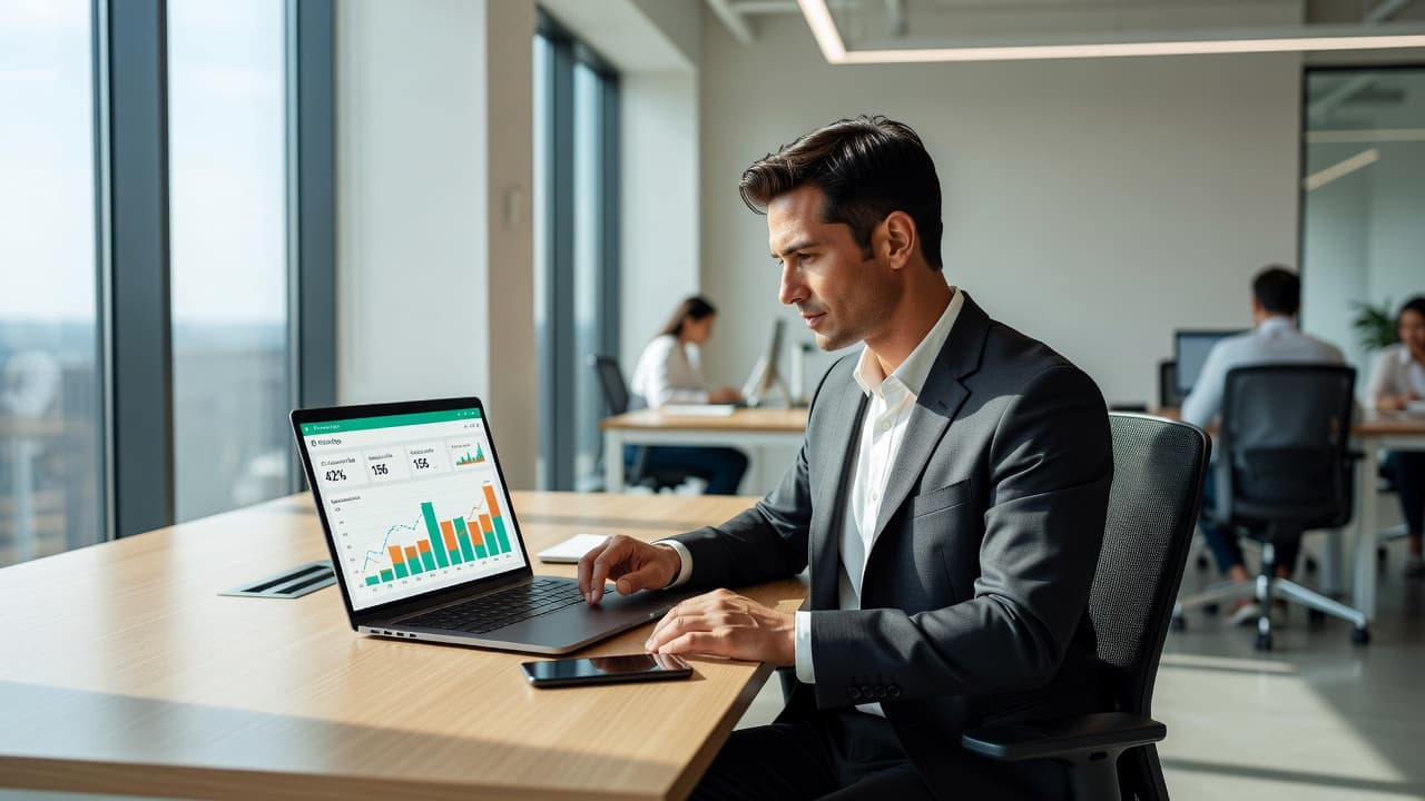 A professional sits at a clean desk using a laptop and smartphone to monitor digital marketing performance. Graphs and data points displayed on a large screen highlight ongoing lead tracking efforts.