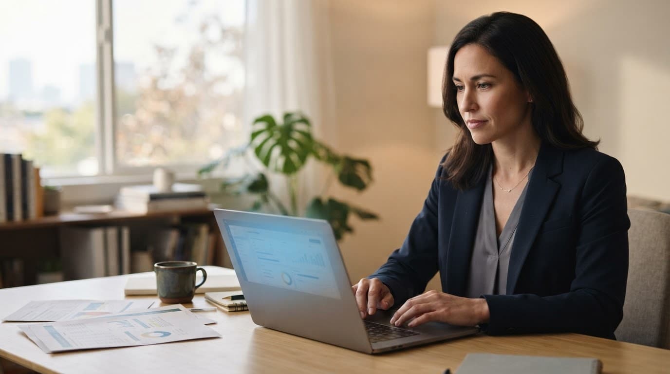 A marketing professional reviews leads on a laptop beside papers and coffee.