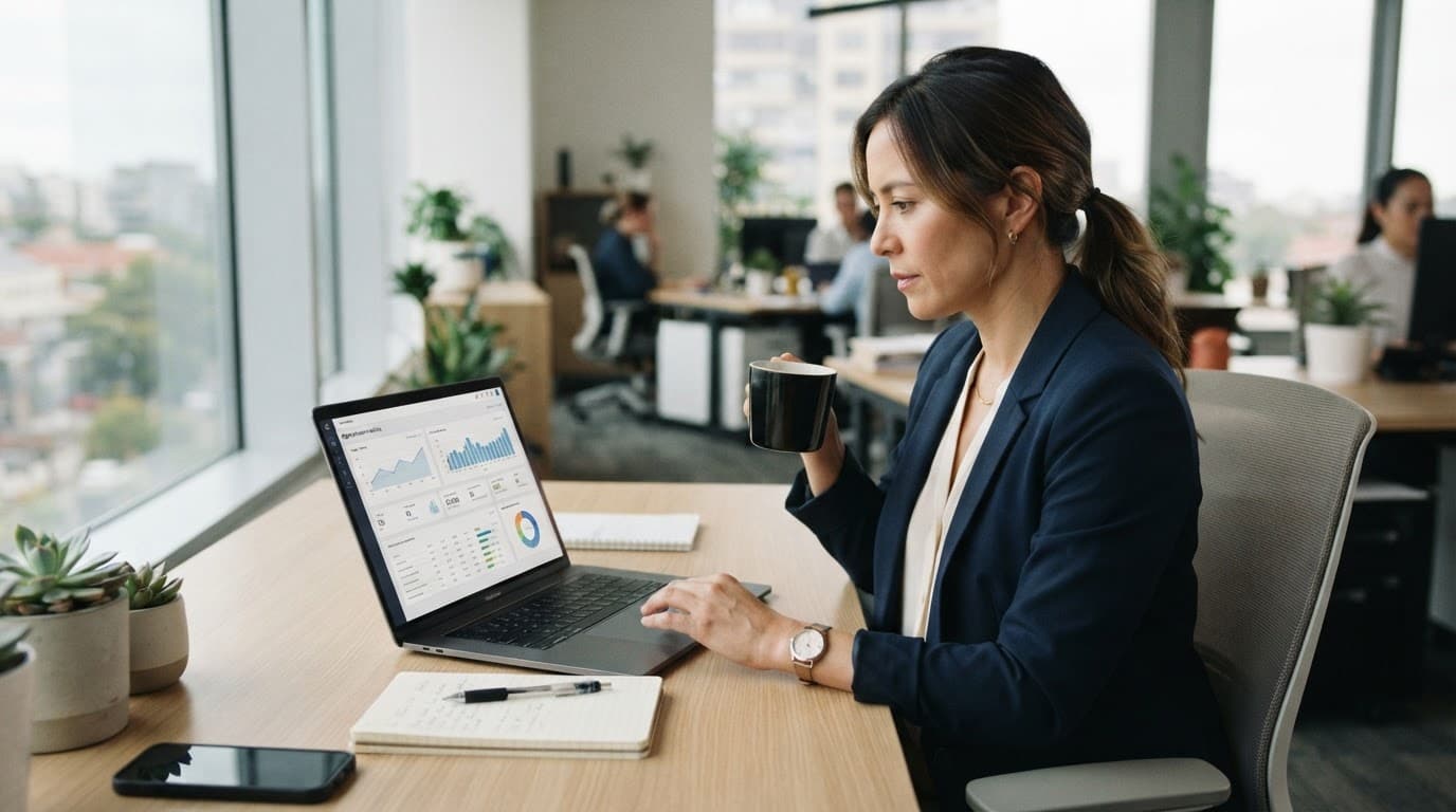 An operations manager reviews call metrics on a laptop beside coffee.