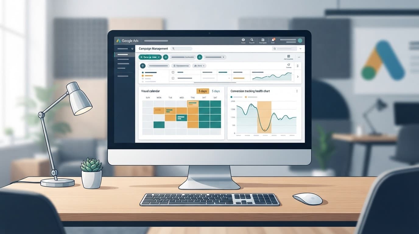 Monitor showing campaign controls, a blocked date range, and a conversion tracking chart.