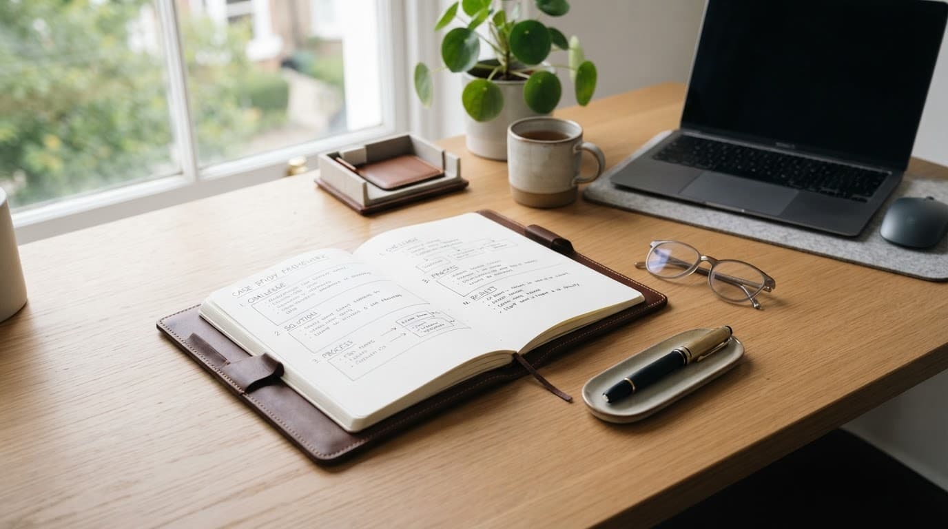 A leather notebook and pen on a tidy desk beside a softly lit window.