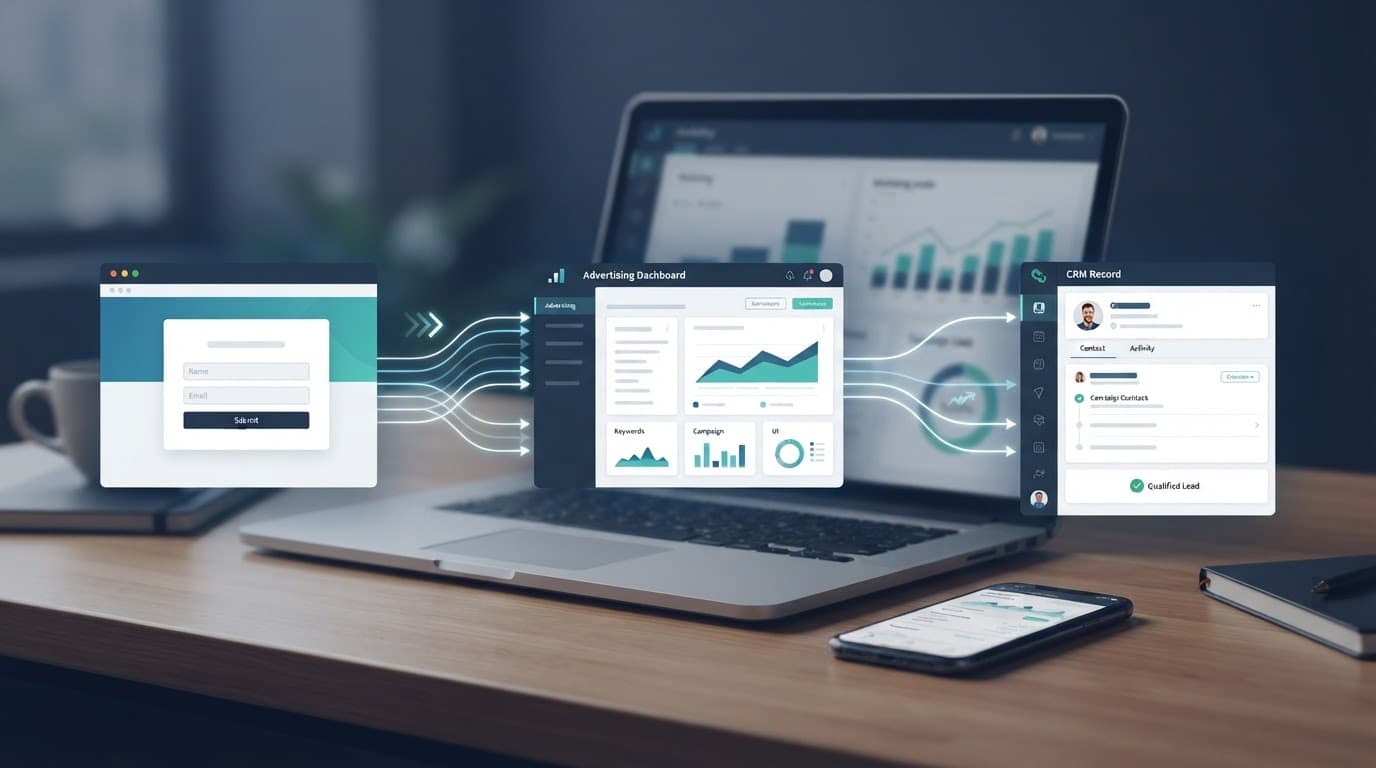 Laptop and phone showing connected website, ad, and CRM workflow panels.