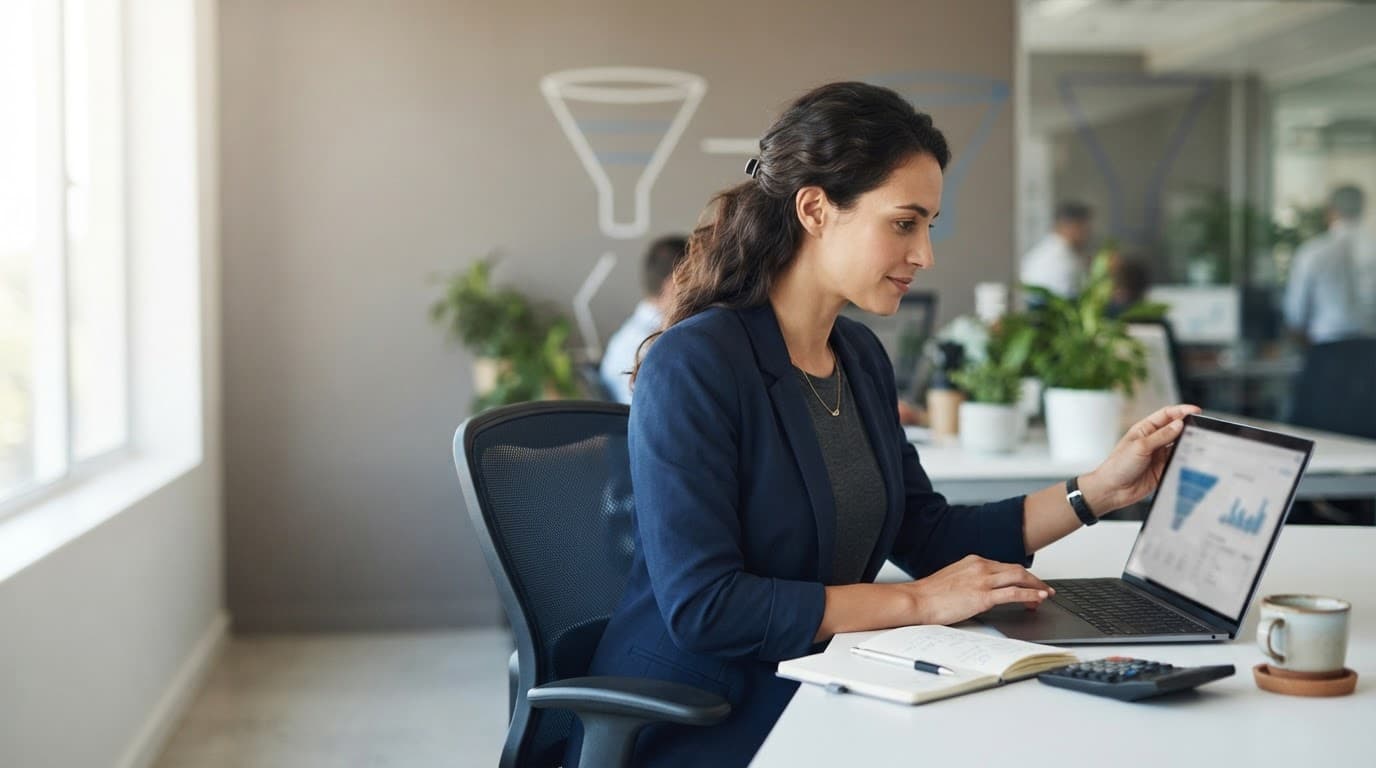 A consultant reviews sales metrics on a laptop at a bright office desk.