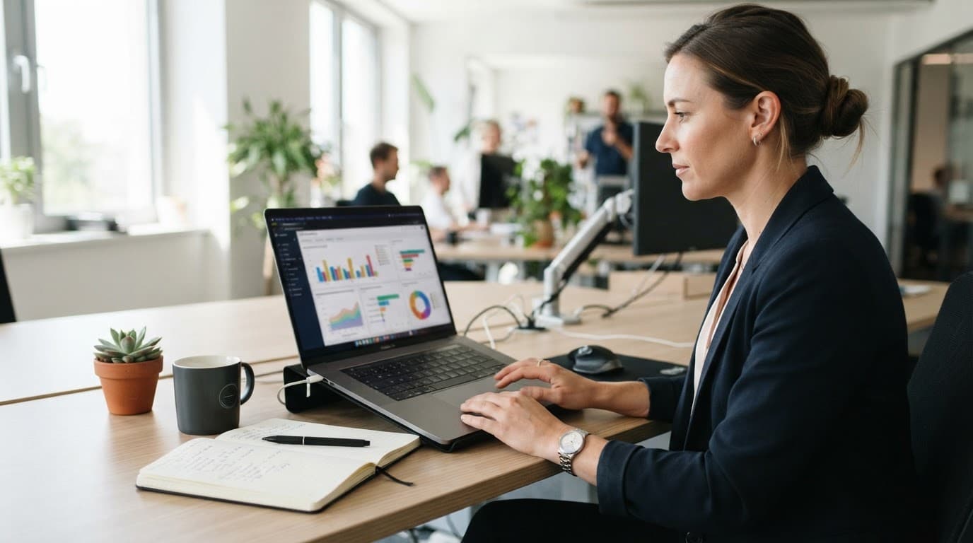 A professional reviews analytics charts on a laptop beside a notebook at a bright office desk.
