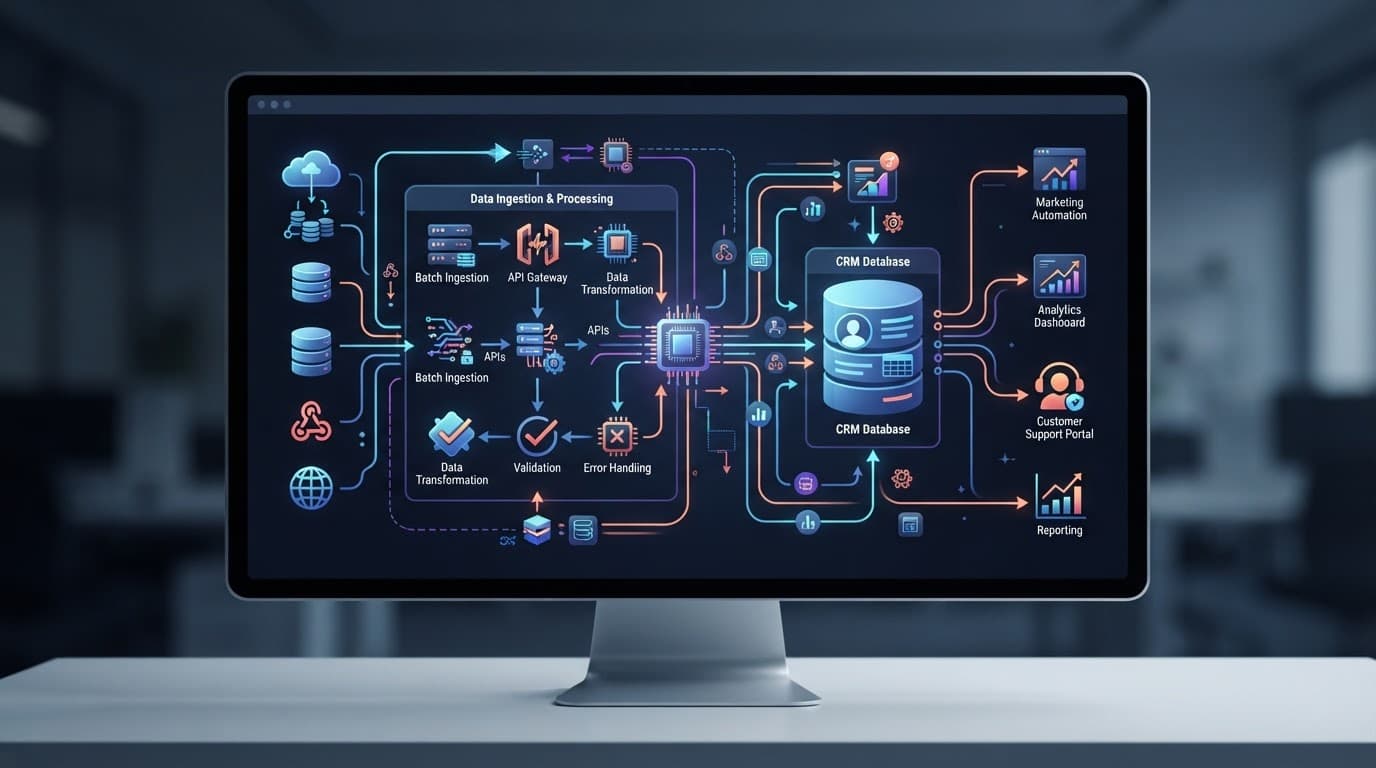 Monitor showing connected data pipelines and CRM record workflows.