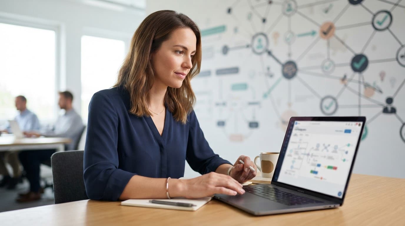 A CRM manager works on a laptop beneath a wall of connected nodes and check marks.