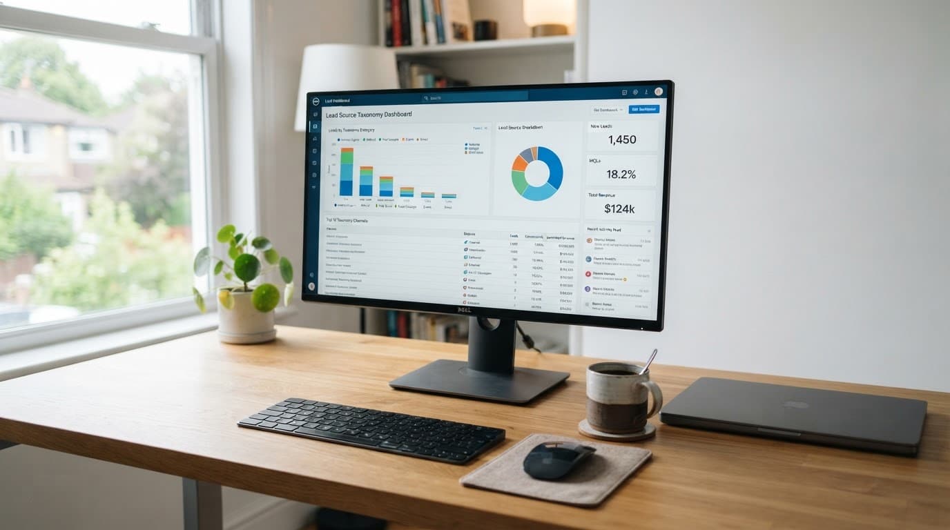 CRM dashboard on a desktop monitor beside coffee in a bright office.