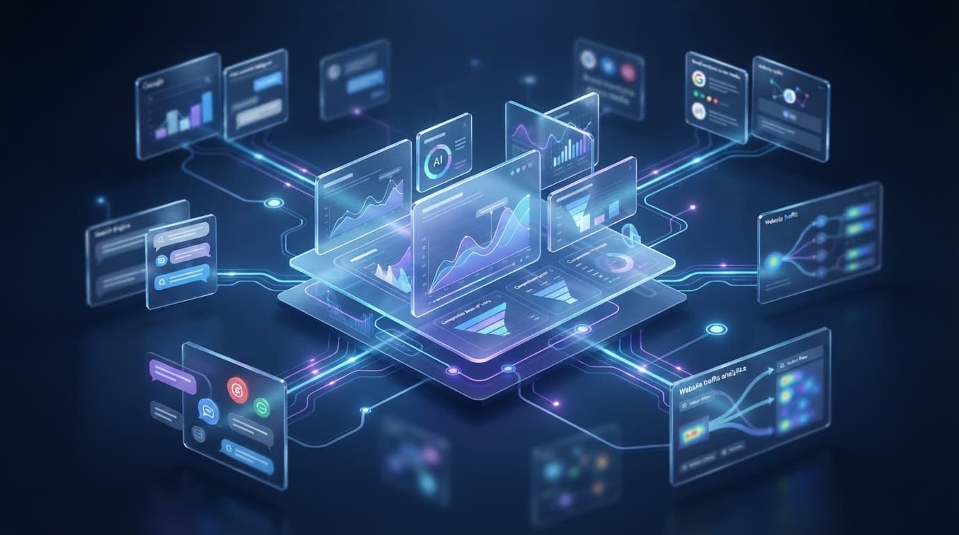A glowing report graph connects citation nodes across blurred analytics panels.