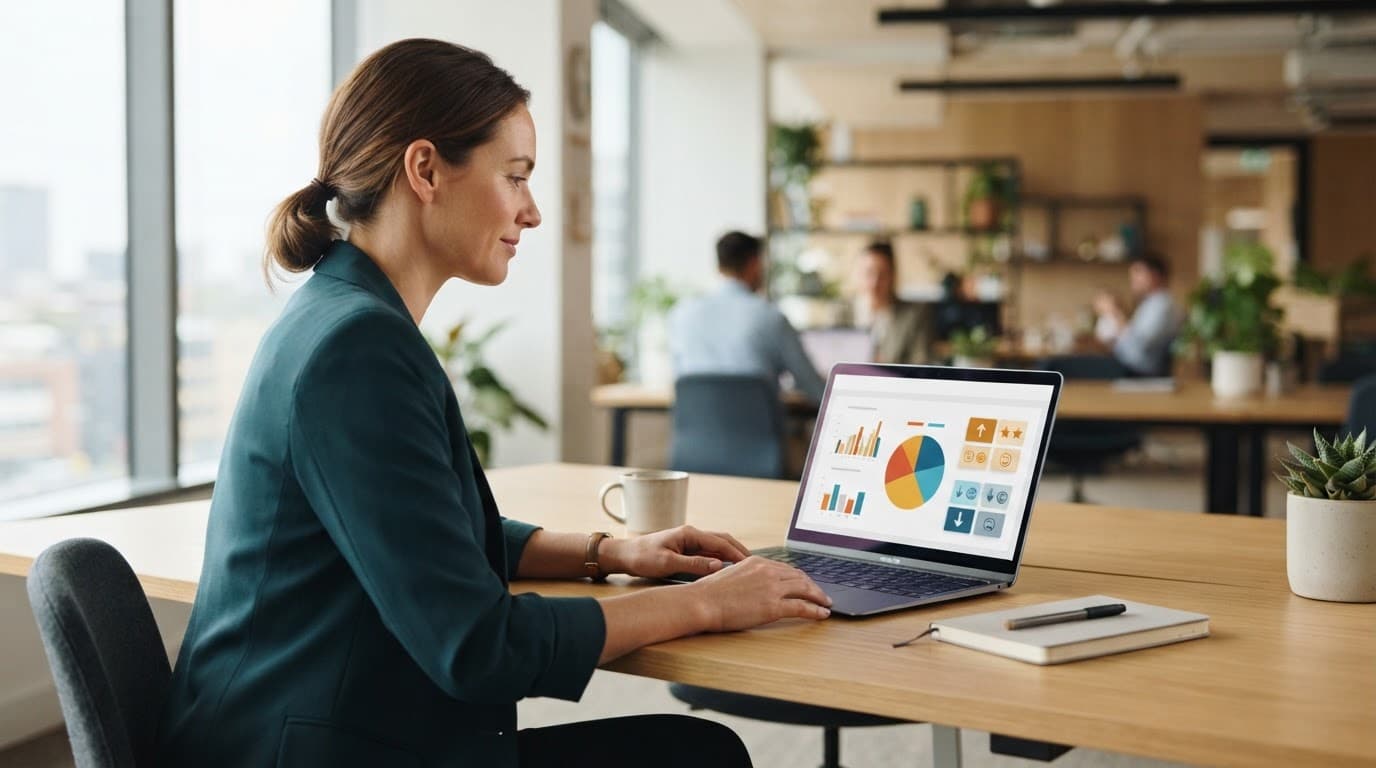 A marketing manager reviews sentiment charts on a laptop in a bright office.